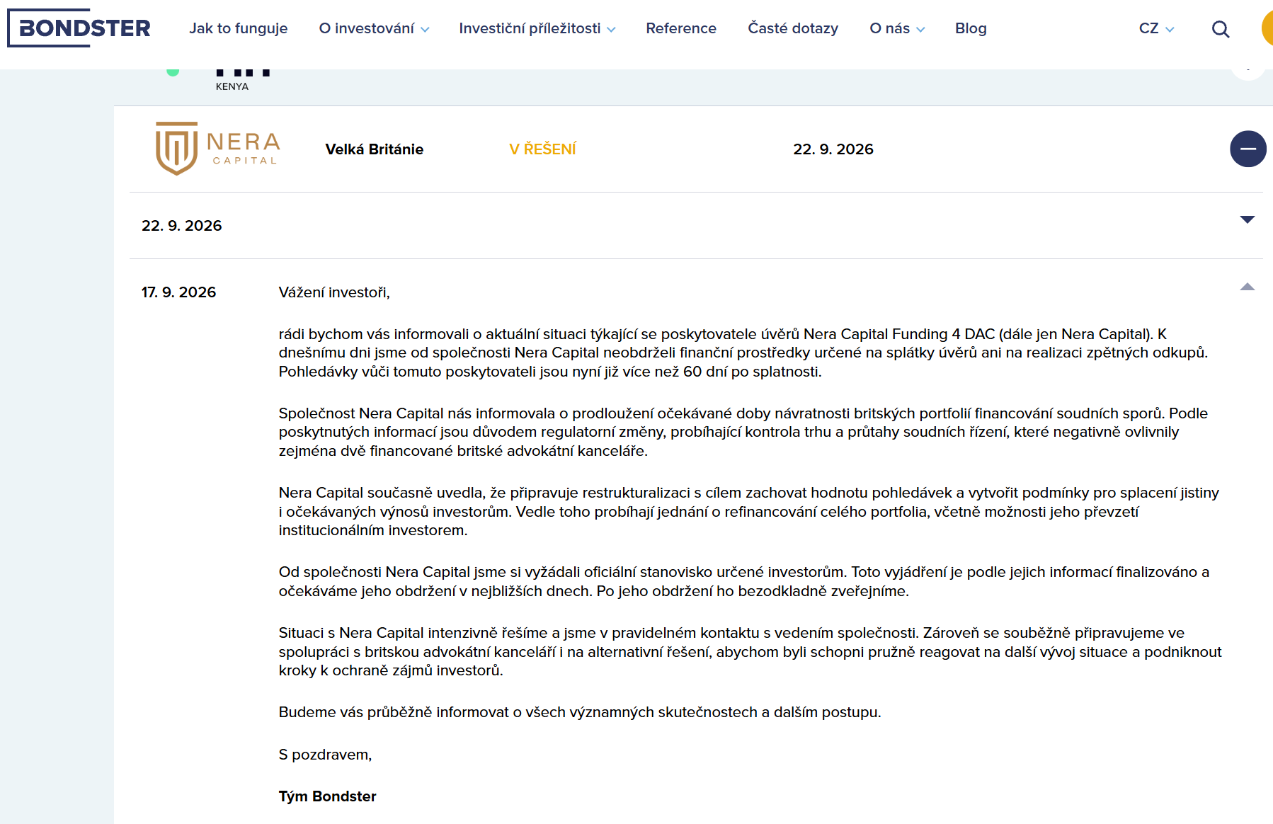 První informace o problémech Nera Capital na blogu Bondsteru